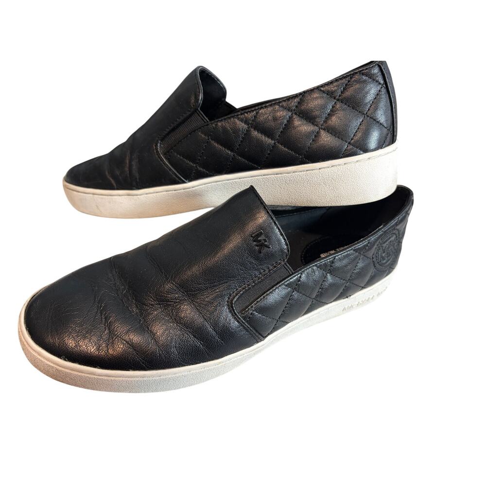 Michael Kors Black Leather Slip on Sneakers Quilted MK Logo Platform 8M